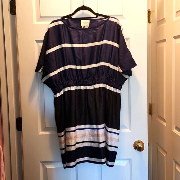 KATE SPADE SILK HOLIDAY STRIPE KAFTAN DRESS SIZE S/M Navy Pink White Black - Picture 1 of 2